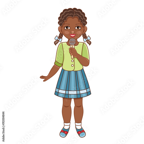 Vector flat african american black girl in summer clothing with pigtails, skirt singing at microphone. Isolated illustration, female child, kid character, white background