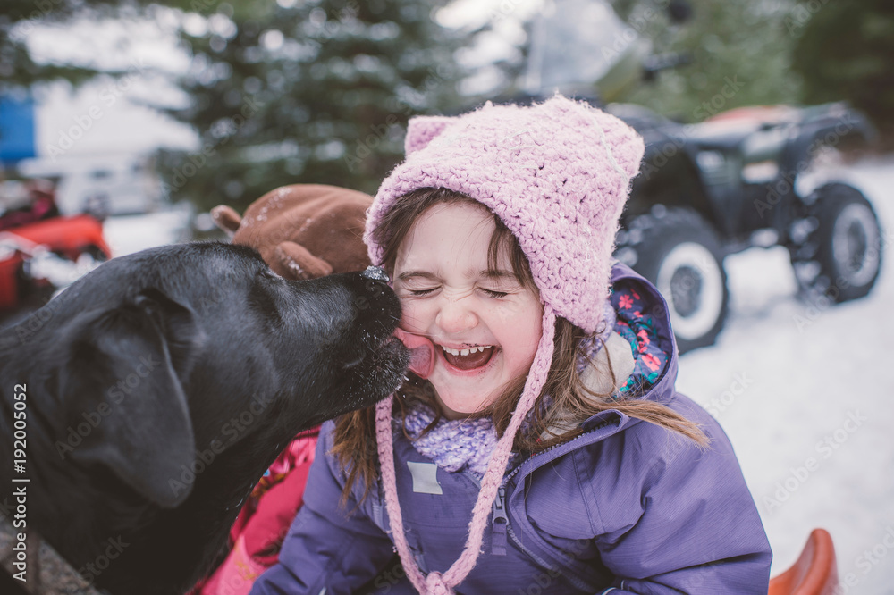 Young girl with dog in snowy landscape, dog licking girl's face Stock ...