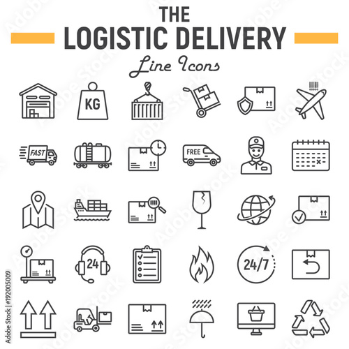 Logistic line icon set, Delivery symbols collection, vector sketches, logo illustrations, shipping signs linear pictograms package isolated on white background, eps 10.