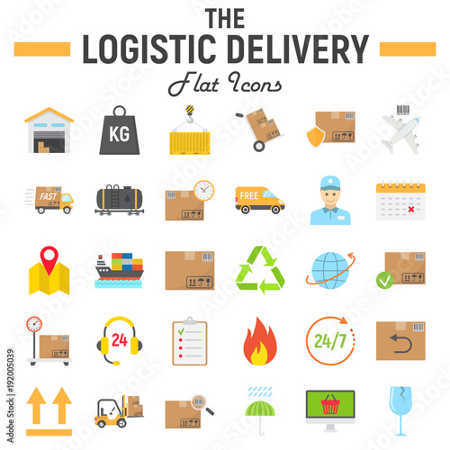 Logistic flat icon set, Delivery symbols collection, vector sketches, logo illustrations, shipping signs colorful solid pictograms package isolated on white background, eps 10.