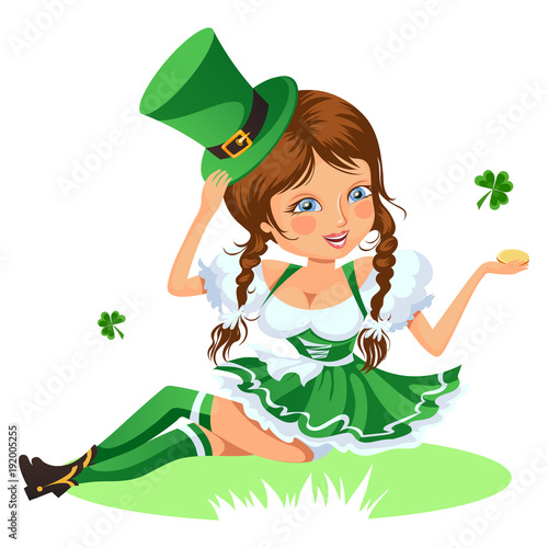 Saint patrick day characters, sexy girl in stockings and cylinder with irish symbol of luck shamrock leaf, woman in short green dress, cartoon lady in costume isolated on white vector illustration.