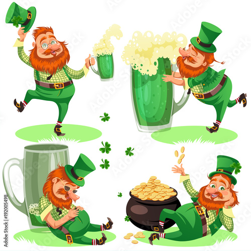 Saint patrick day characters, leprechaun with mug of green beer, glass full alcohol ale, drunk man in cylinder symbol of luck shamrock, cartoon elf sits near pot full gold money isolated on white