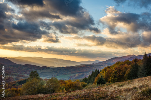 Sunset over the Bieszczady Mountains in the autumn from Polonina Carynska, Podkarpackie, Poland
