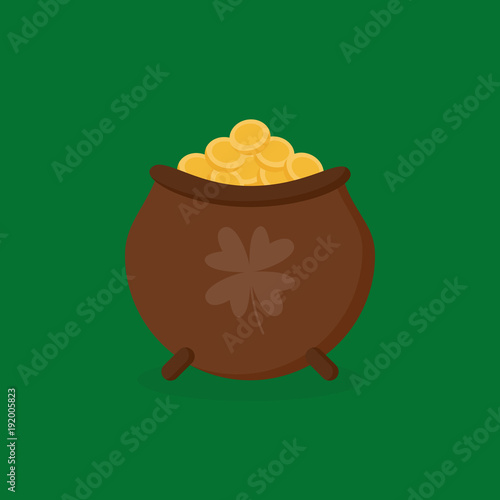 Brown pot full of gold vector illustration, icon. St. Patrick's Day leprechaun's pot of gold isolated on green background.