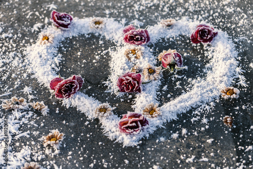 Herz aus Schnee mit Rosen dekoriert