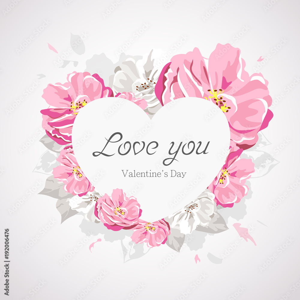 happy valentines day white heart on pink flower isolated on white background, vector illustration happy valentines day white heart on pink flower isolated on white background, vector illustration