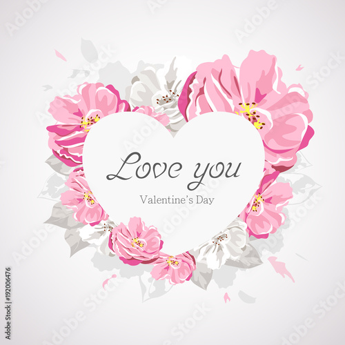 happy valentines day white heart on pink flower isolated on white background, vector illustration