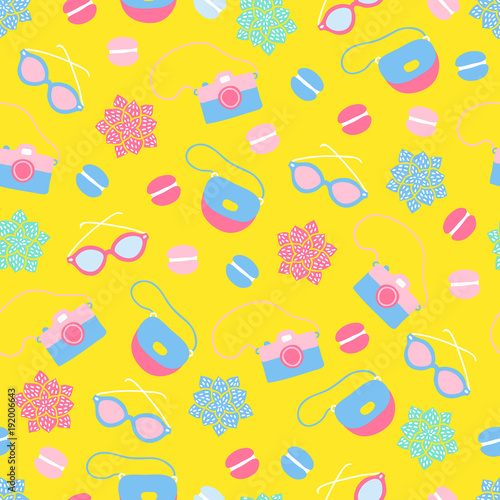 Seamless pattern with camera, glasses, succulent, macaroons in pastel colors