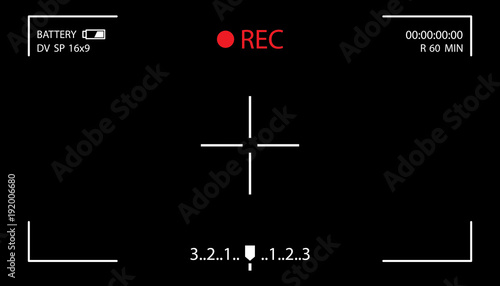 Camera screen with white frame, figures and battery symbol. Camcorder viewfinder on black background.
