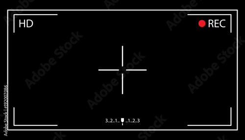 Camera screen with white frame, figures and battery symbol. Camcorder viewfinder on black background.