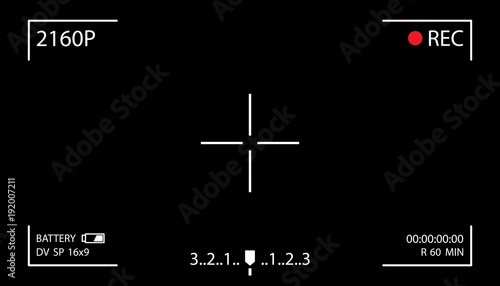 Camera screen with white frame, figures and battery symbol. Camcorder viewfinder on black background.