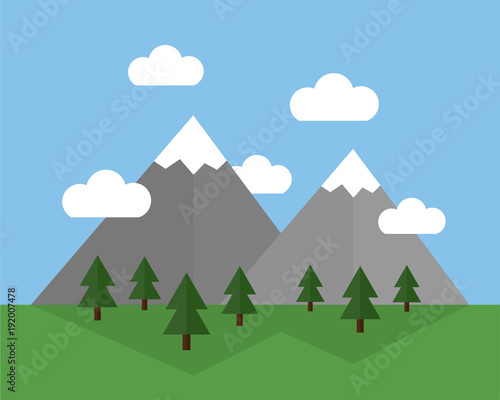 Mountain day landscape vector illustration flat design. Snow covered mountains with forest and grass, blue sky with clouds.