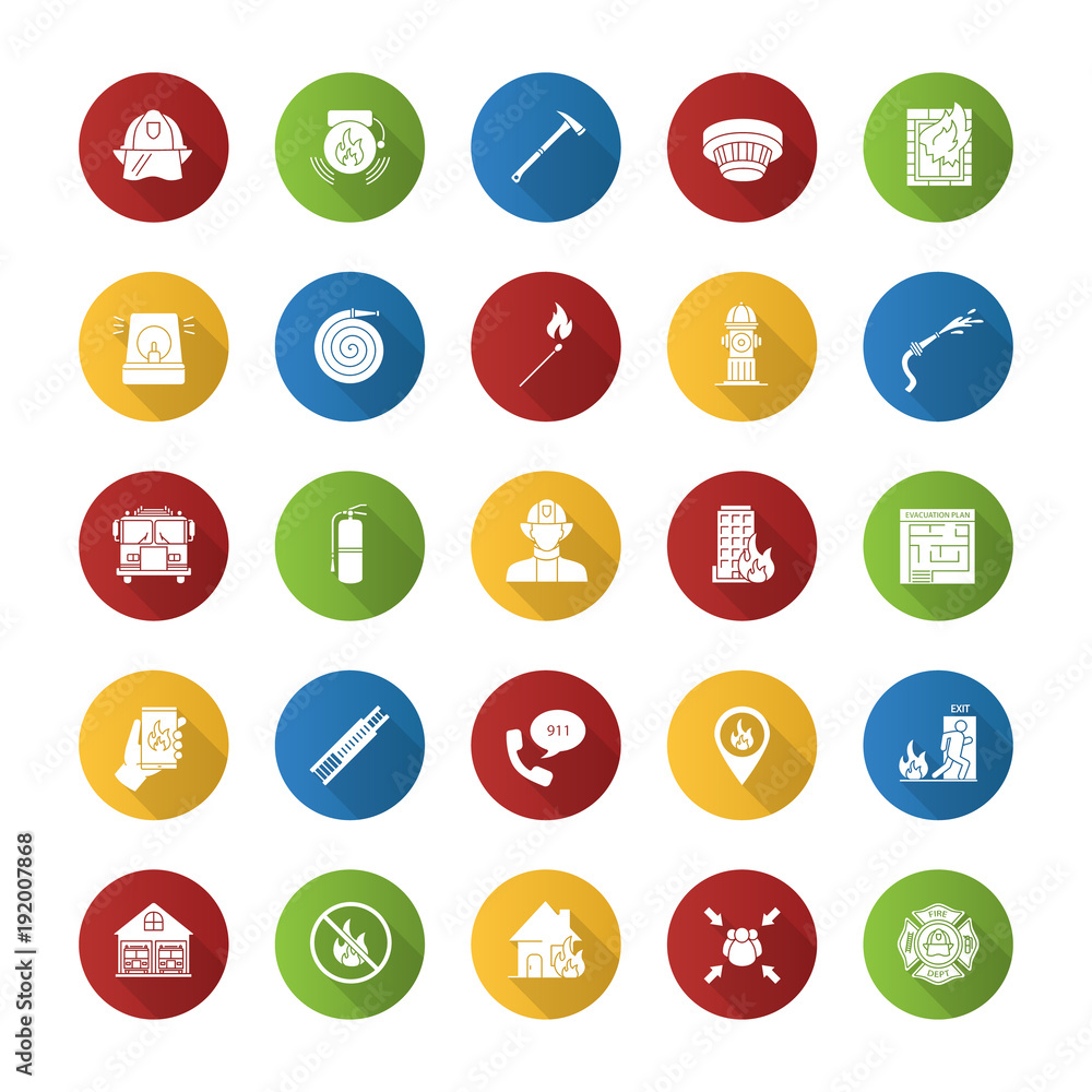 Firefighting flat design long shadow glyph icons set Firefighting flat design long shadow glyph icons set