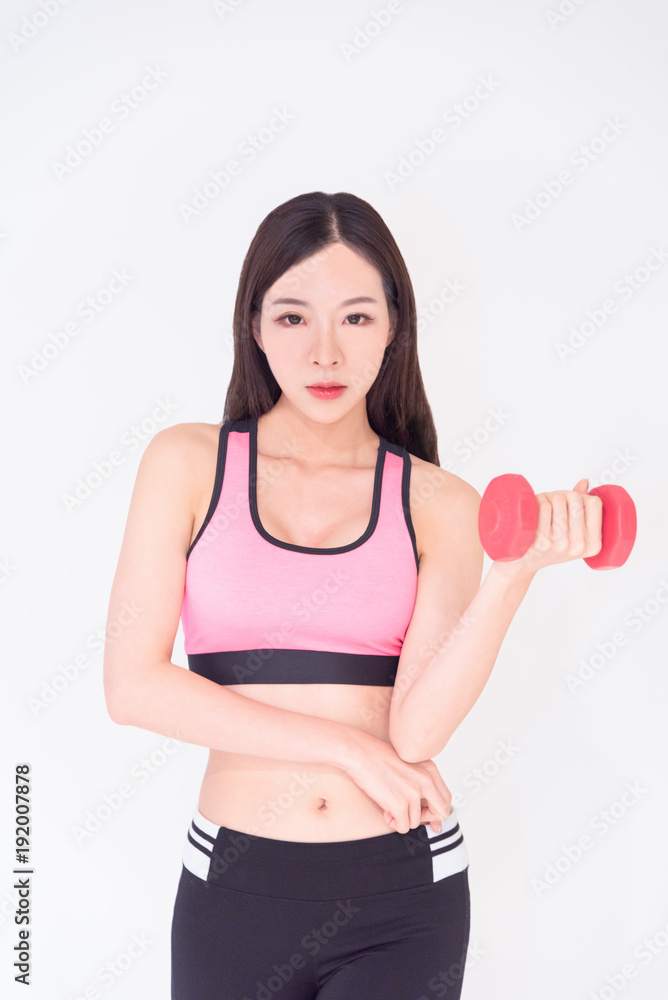 Fitness exercise workout sport sexy body asian woman lifting dumbbell, dieting, fitness, sport, exercise concept isolated on white background. Exercise and fitness make the good sexy body woman Fitness exercise workout sport sexy body asian woman lifting dumbbell, dieting, fitness, sport, exercise concept isolated on white background. Exercise and fitness make the good sexy body woman