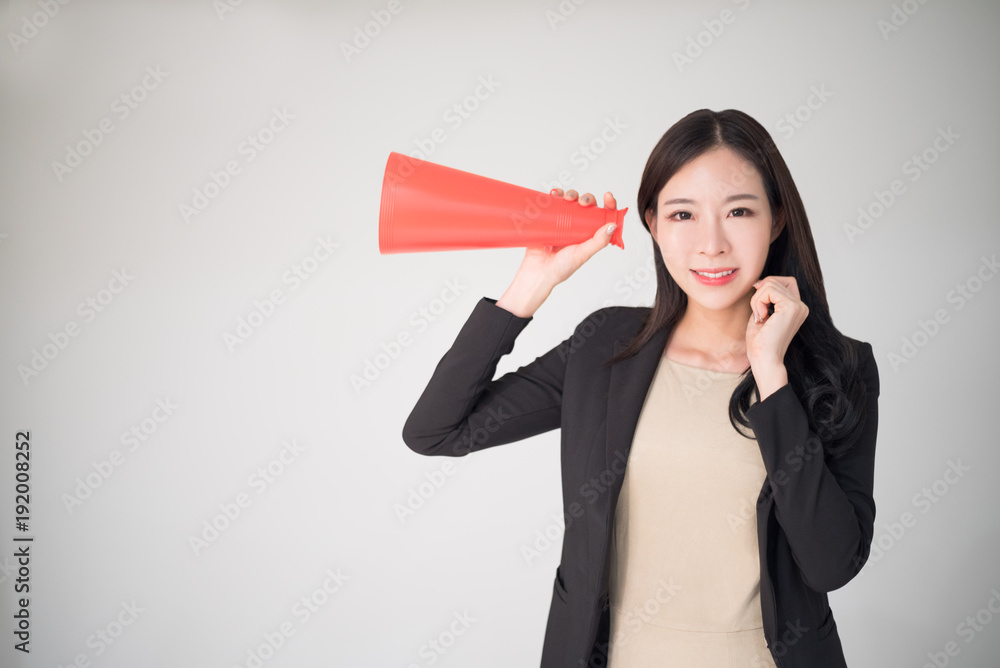Feedback, Survey, Comment, Opinion concept background with asian woman hold red speaker cone. Customer feedback or comment and marketing survey is the part of business development. Feedback, Survey, Comment, Opinion concept background with asian woman hold red speaker cone. Customer feedback or comment and marketing survey is the part of business development.
