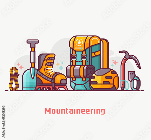 Climbing and mountain hiking lifestyle with professional mountaineering equipment. Summer alpinist expedition and adventure essentials. Climb and hike concept banner in flat design.
