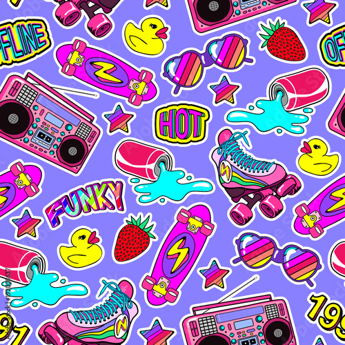 Seamless pattern with colorful elements: skateboard, sunglasses, boombox, rubber duck, vintage roller blades, spilling soda can, rainbow stars, funky patches, strawberries, etc. 80s comic style. 