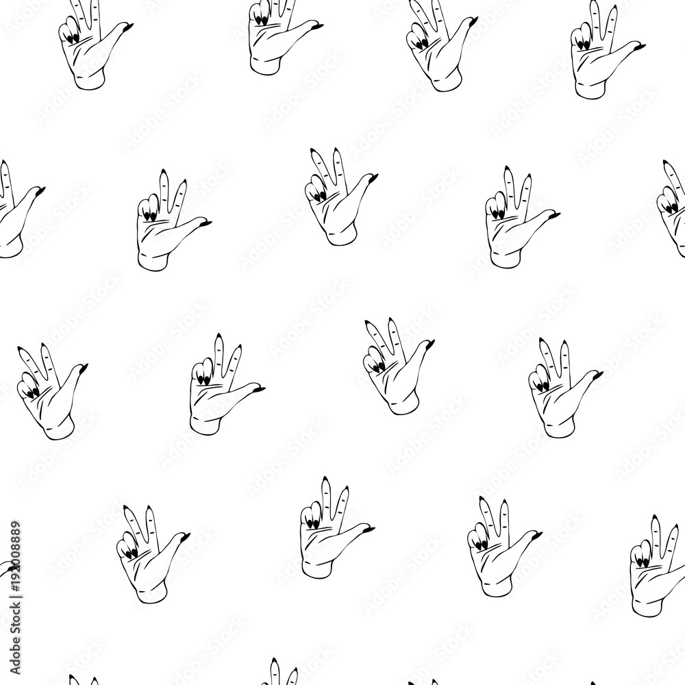 Fototapeta premium Hands showing two fingers up seamless pattern on white background. Vector Illustration 