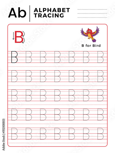 Letter B Alphabet Tracing Book with Example and Funny Bird Cartoon. Preschool worksheet for practicing fine motor skill. Vector Animal Illustration for Children.