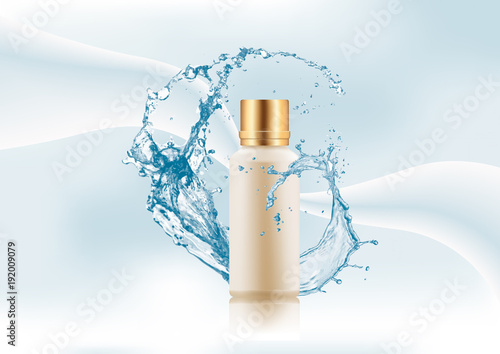 Advertising magazine page. Splash of water,empty realistic gold-pink plastic package for cosmetic products,bottle for lotion,gel,shampoo on an abstract gradient background.Vector illustration.