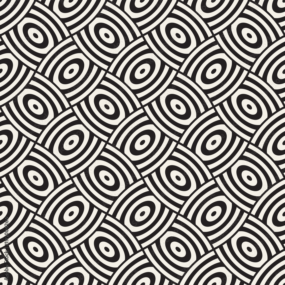 Vector geometric seamless pattern with curved shapes grid. Abstract monochrome rounded lattice texture. Modern textile background design Vector geometric seamless pattern with curved shapes grid. Abstract monochrome rounded lattice texture. Modern textile background design