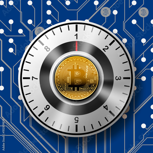 Security of the safe with Golden Bitcoin on Circuit Board pattern background.
