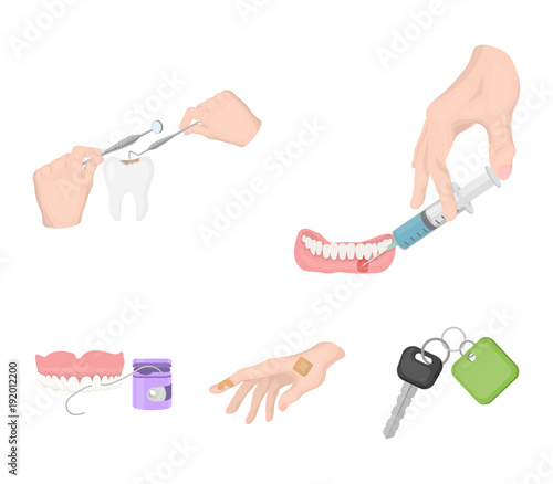 Anesthetic injection, dental instrument, hand manipulation, tooth cleaning and other web icon in cartoon style.bactericidal plaster, medicine icons in set collection.