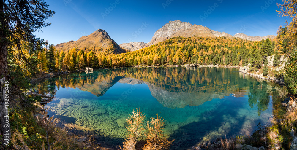Goldener Herbst am Lago di Saoseo im Val di Campo, Poschiavo, Schweiz