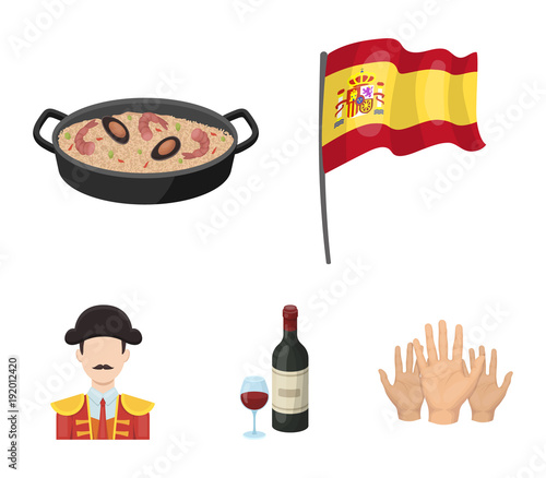 Flag with the coat of arms of Spain, a national dish with rice and tomatoes, a bottle of wine with a glass, a bullfighter, a matador. Spain country set collection icons in cartoon style vector symbol