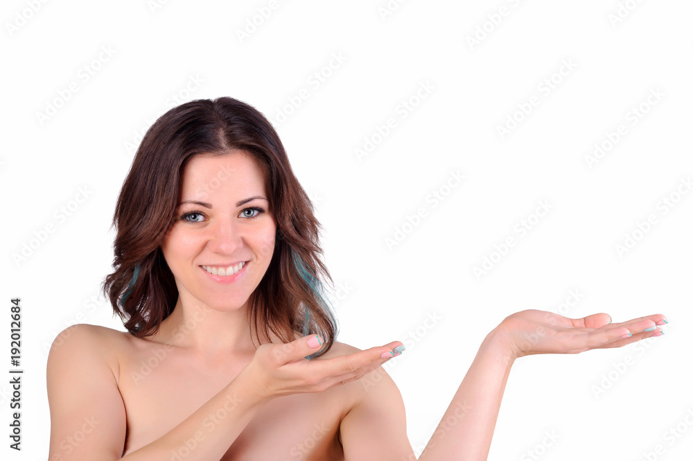 portrait of a cheerful girl showing something on her palm, isolated on a white background portrait of a cheerful girl showing something on her palm, isolated on a white background