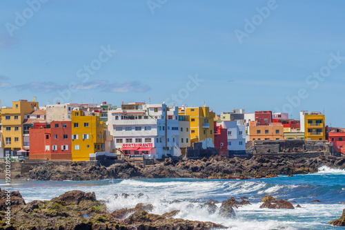 Detail scenic view of colorful houses in Tenerife, Spain. Seaside, Atlantic ocean