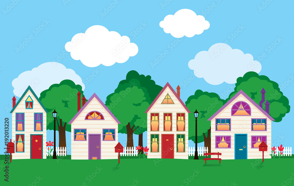 Colorful facades of the old houses on a city street cartoon