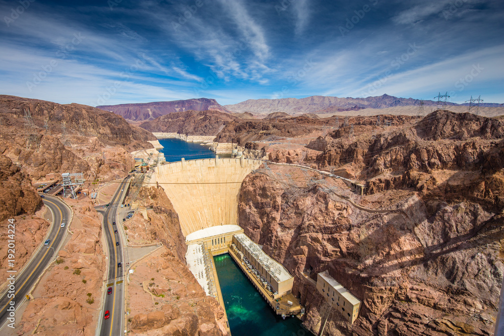 Aerial view of Hoover Dam in summer, Nevada, USA