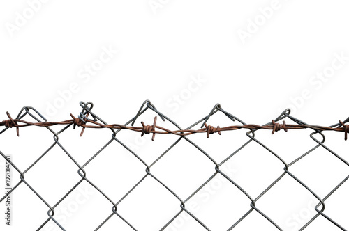 Barbed Wire Mesh Fence, Rust Barb Detail, Isolated Horizontal Rusty Barbwire, Old Aged Weathered Rusted Grey Iron, Grungy Large Detailed Macro Closeup, Grunge Vintage Security Concept Metaphor photo