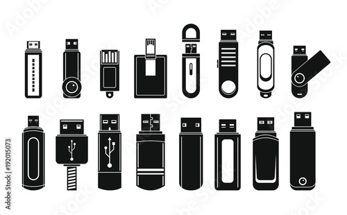 USB flash drive icons set. Simple illustration of 16 USB flash drive vector icons for web photo