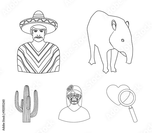 Tapir Mexican animal, a Mexican in national clothes in a poncho, a woman with a flower, a cactus. Mexico country set collection icons in outline style vector symbol stock illustration web. photo