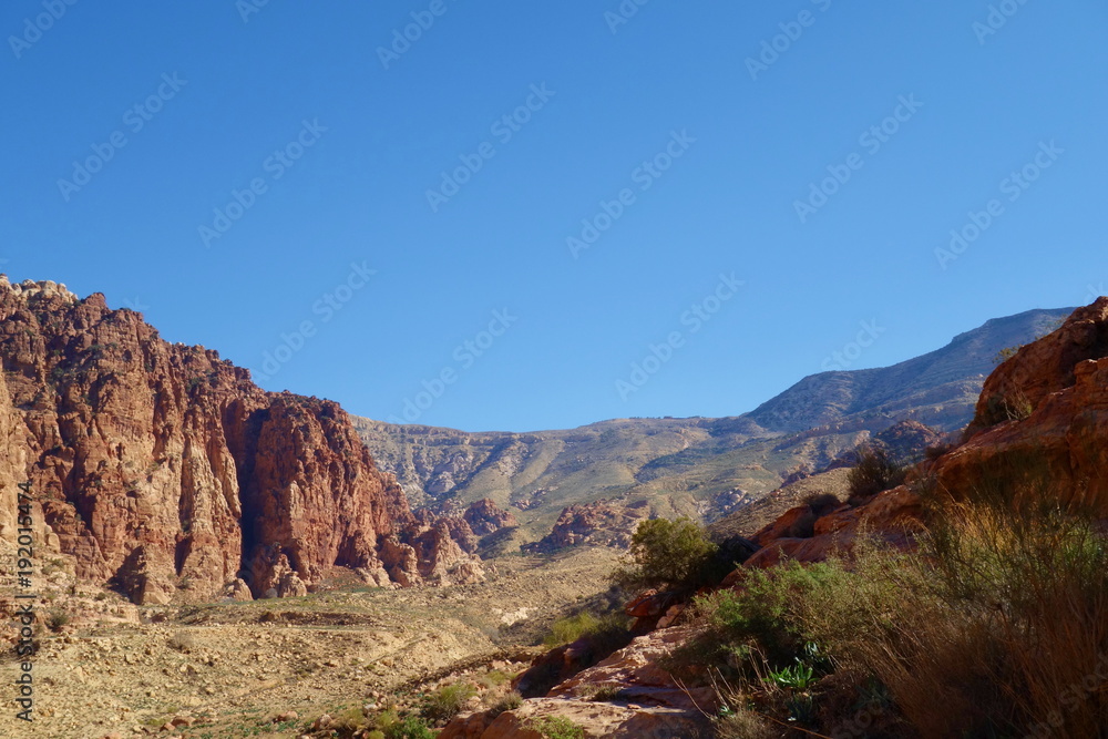 Fototapeta premium Canyon of Dana Biosphere Nature Reserve landscape near Dana historical village, Jordan, Middle East
