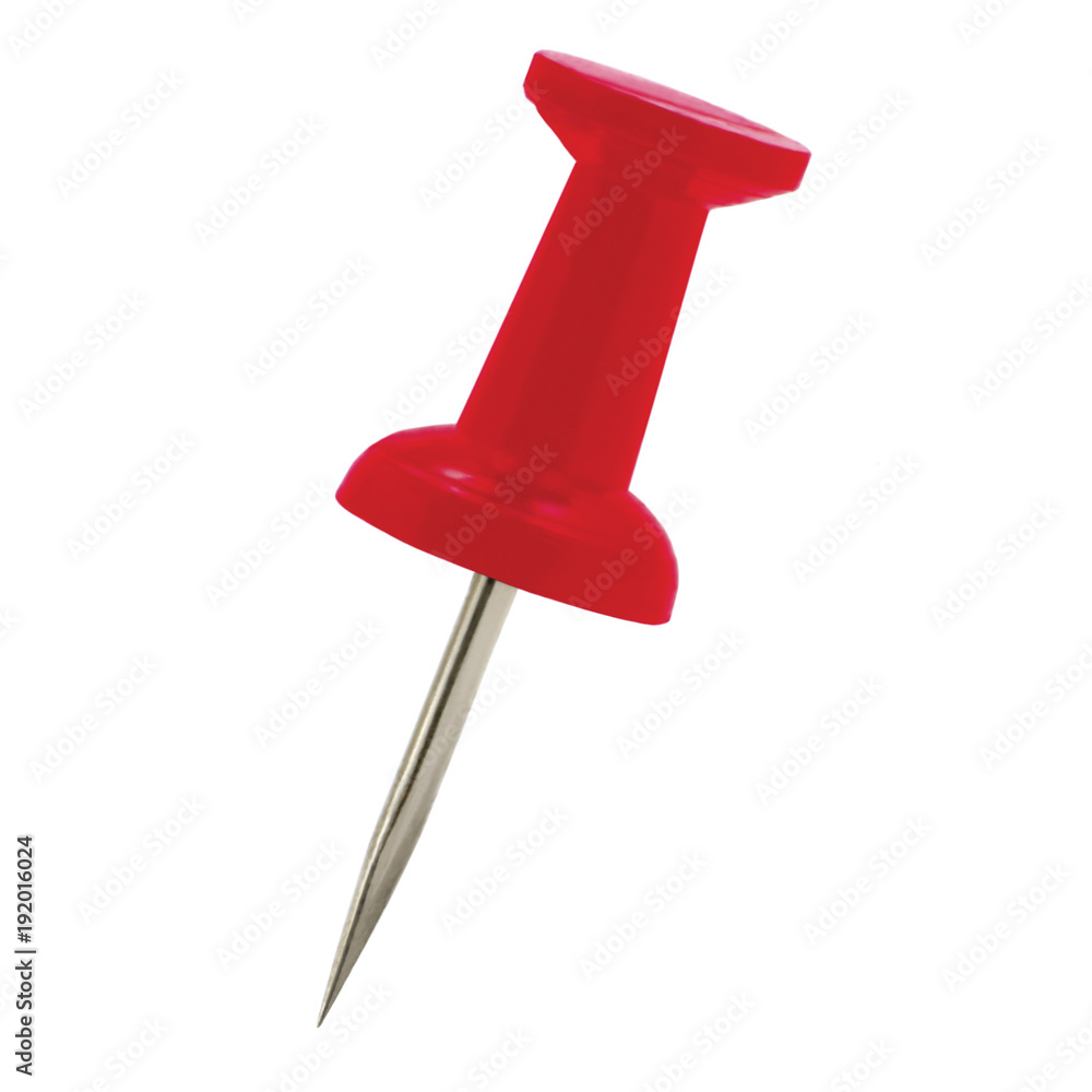 Red pushpin thumbtack drawing pin, isolated push fastening, position indicating concept, large detailed macro closeup Red pushpin thumbtack drawing pin, isolated push fastening, position indicating concept, large detailed macro closeup
