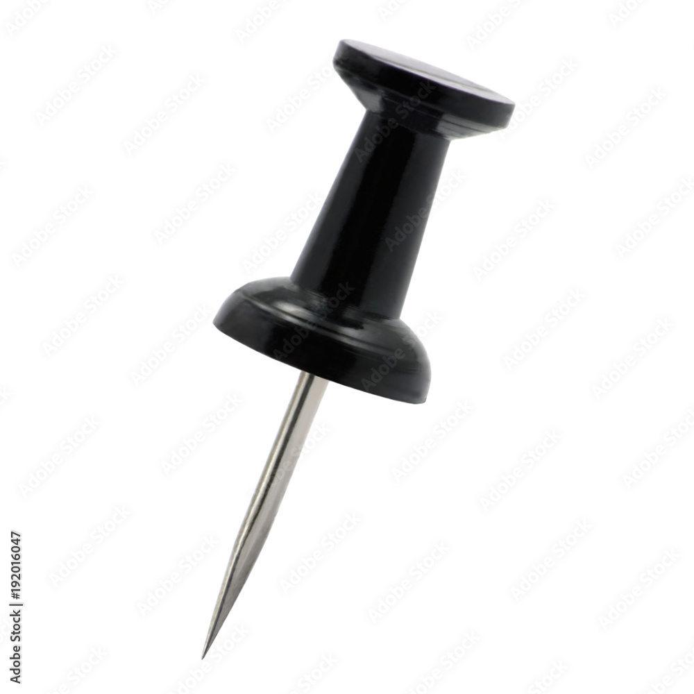 Black pushpin thumbtack drawing pin, isolated push fastening, position indicating concept, large detailed macro closeup Black pushpin thumbtack drawing pin, isolated push fastening, position indicating concept, large detailed macro closeup