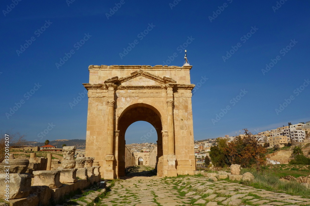 North Gate, Ancient Roman city of Gerasa of Antiquity , modern Jerash, Jordan, Middle East