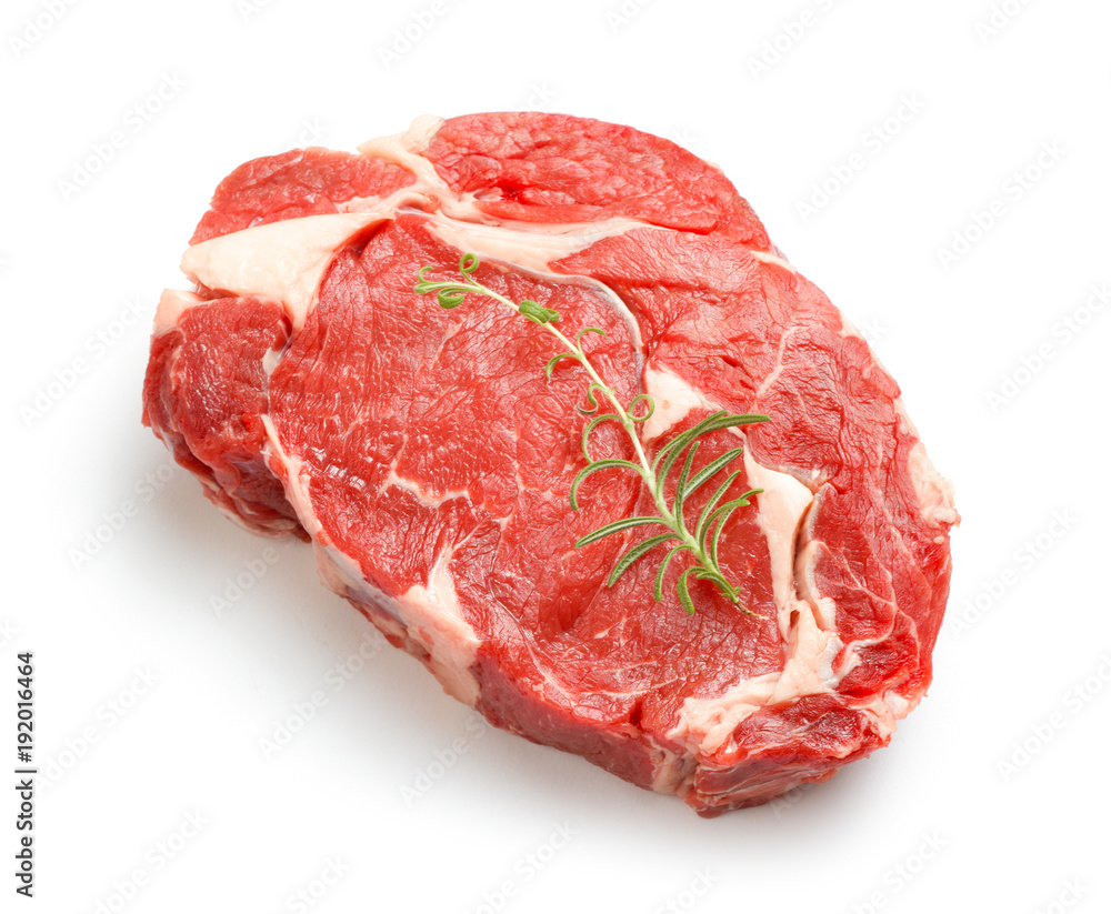 Raw beef steak with caraway  isolated on white background