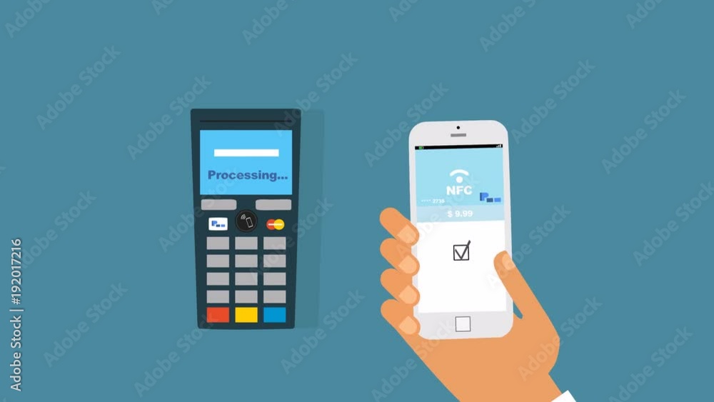 Man paying through smart phone using NFC technology.Paying with a smartphone device on a credit card terminal. Wireless payment is a growing trend. animation Man paying through smart phone using NFC technology.Paying with a smartphone device on a credit card terminal. Wireless payment is a growing trend. animation