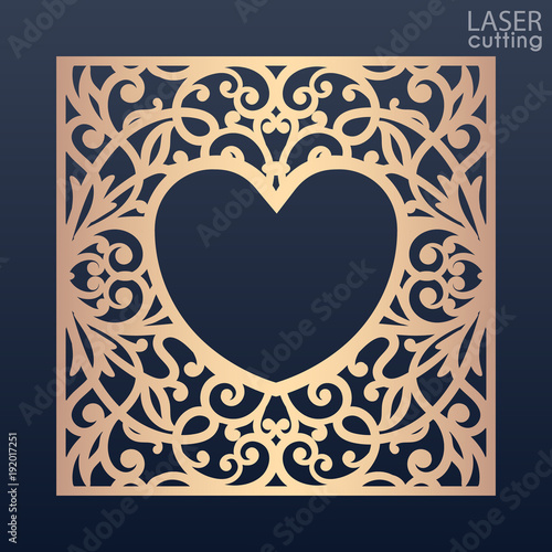 A square panel with lace pattern and heart-shaped frame in the center. Template for interior design, layouts wedding cards, invitations. Image suitable for laser cutting, plotter cutting or printing.
