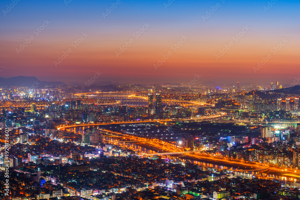Sunset at Seoul City Skyline, The best view of South Korea - obrazy, fototapety, plakaty 
