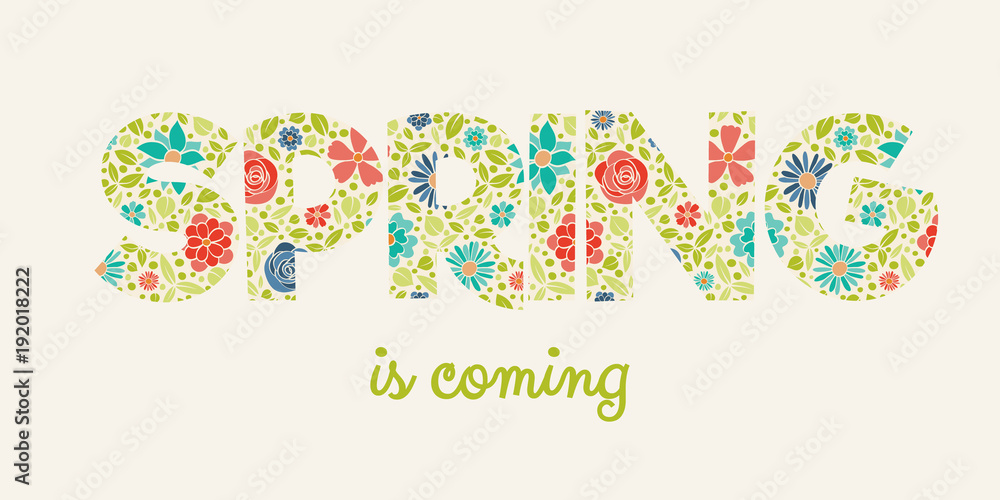 Spring - banner with floral text. Vector.