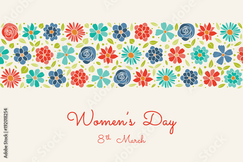 Cute card for Women s Day with cartoon flowers. Vector.