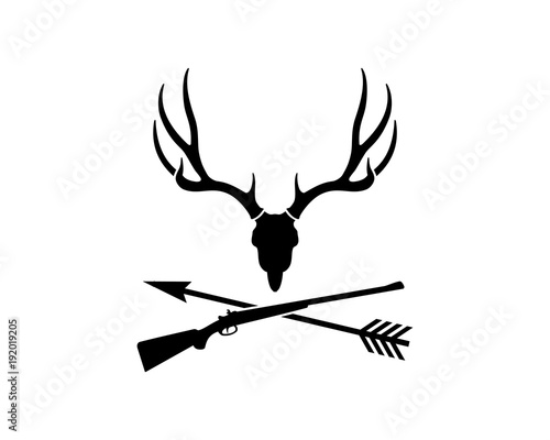 Skull Dear Head with Sniper Gun and Arrow Cross for Hunting Symbol Logo Vector