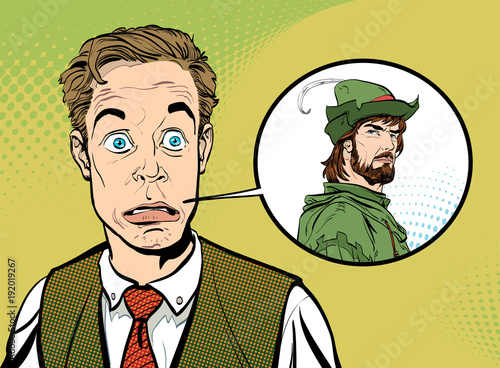 Clerk and hero. Dreaming to be a superhero. Businessman and Robin Hood. Concept idea of advertisement and promo. Pop art retro style illustration. People in retro style. Halftone background.