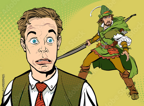 Clerk and hero. Dreaming to be a superhero. Businessman and Robin Hood. Concept idea of advertisement and promo. Pop art retro style illustration. People in retro style. Halftone background.