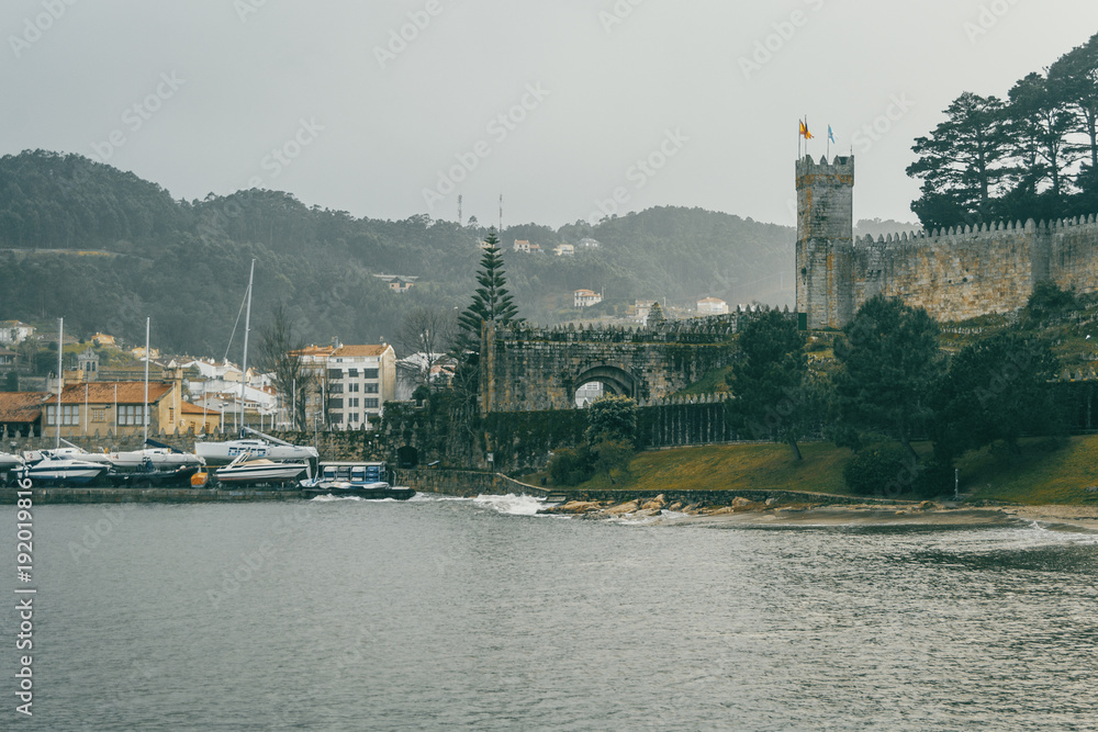 Harbor with boats and views of the castle of baiona